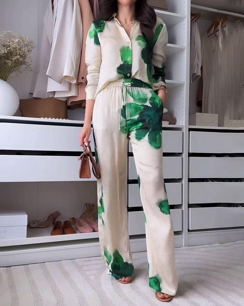 Fashion Printed Lapel Shirt & Pants Two-Piece Set