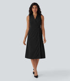 Anti-wrinkle V Neck Sleeveless Wrapped Belted Midi Travel Dress with Pockets