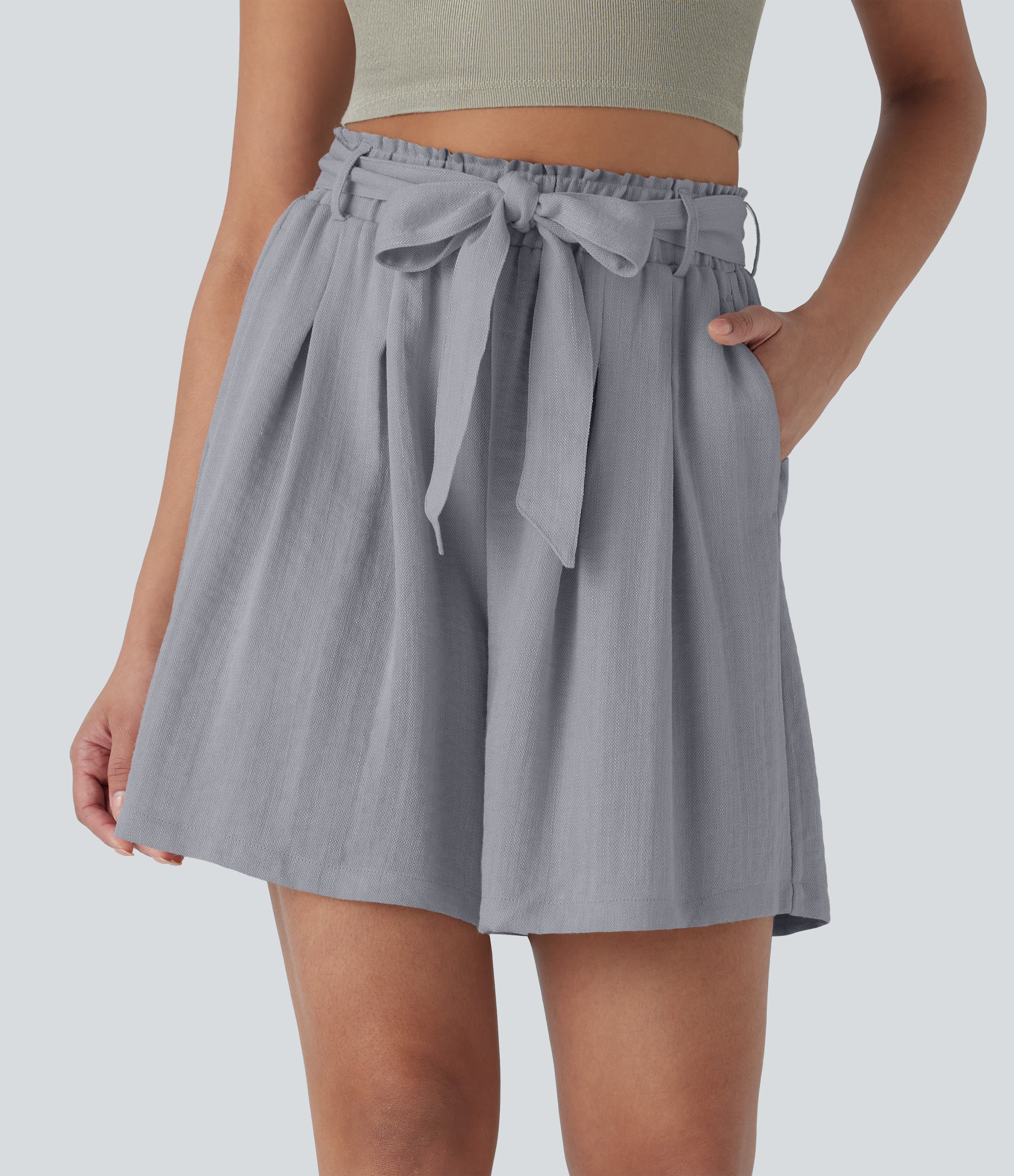 High Waisted Belted Casual Linen-Feel Bermuda Shorts with Pockets