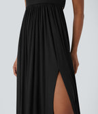Ribbed Tie Back Ruched Maxi Slip Dress with Pockets