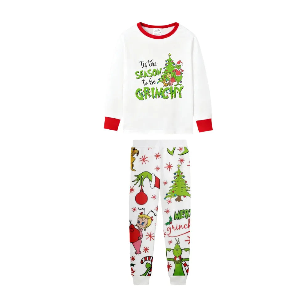 Family Christmas White Pajamas Set With Classic Xmas Pattern Design