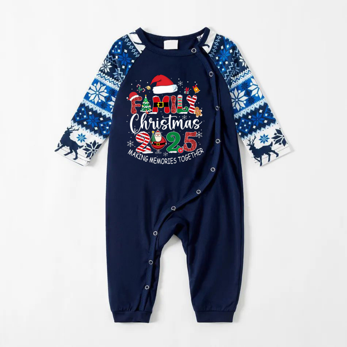 Joyful Blue Christmas Pajamas Set With "Family Christmas 2025 Making Memories Together" Text Print