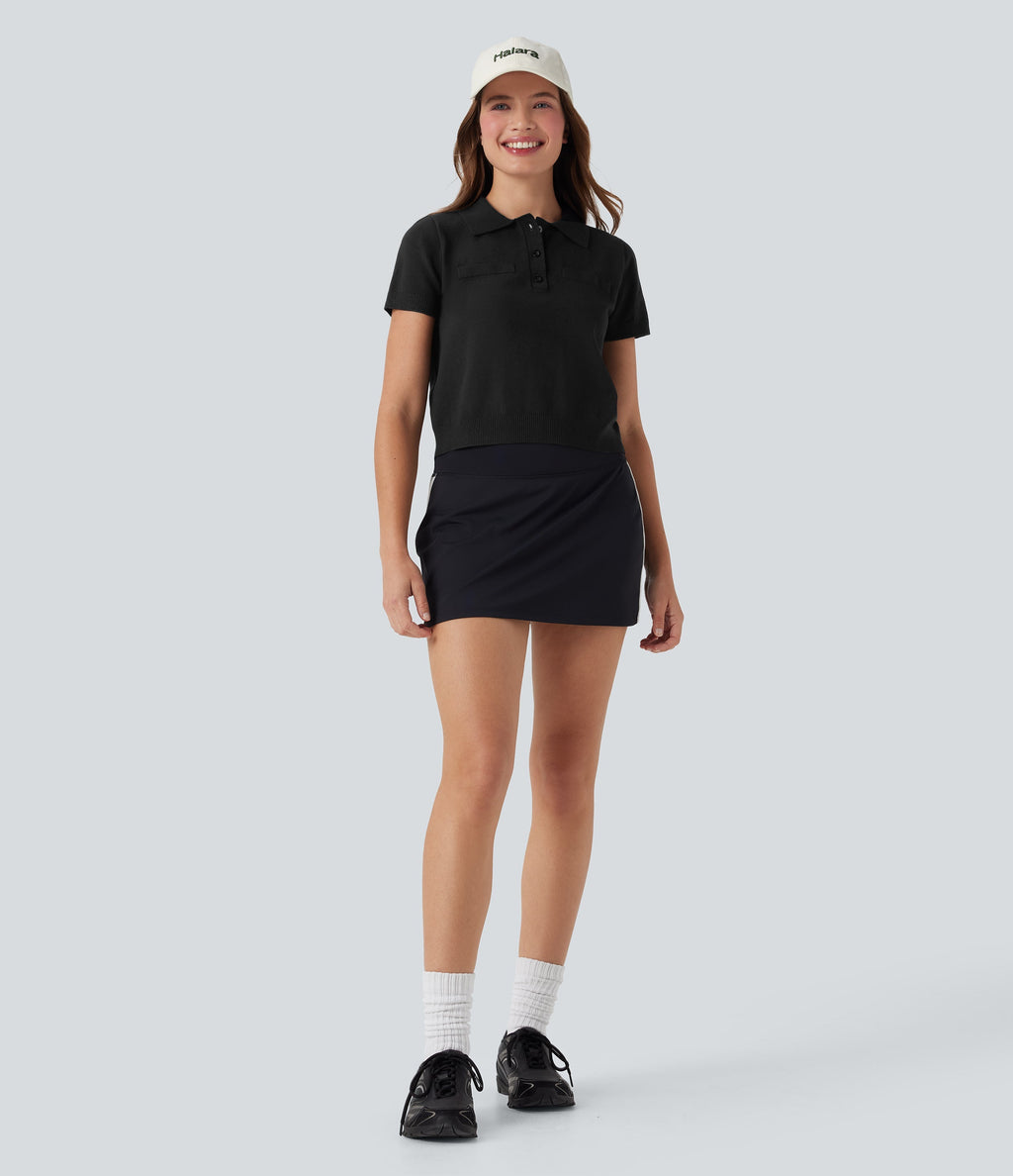 Polo Button Front Short Sleeve Casual Sweater Knit Top
