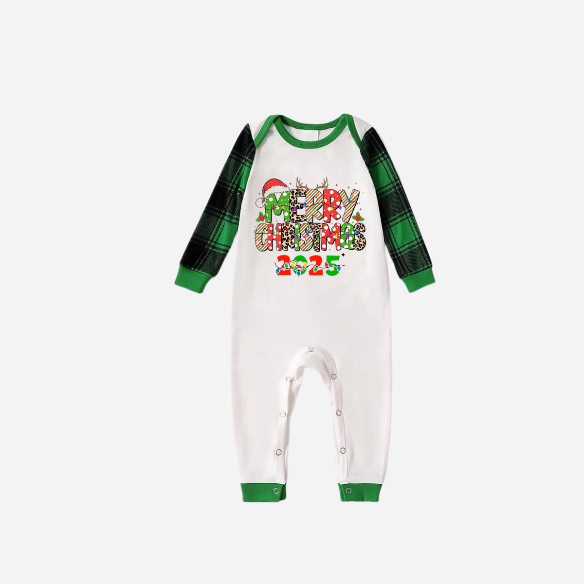 Merry Christmas 2025 Family Christmas Pajamas Set - White Top with Green Sleeves and Green Plaid Pants