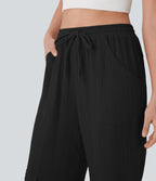 High Waisted Drawstring Wide Leg Cargo Casual Cotton Pants with Pockets
