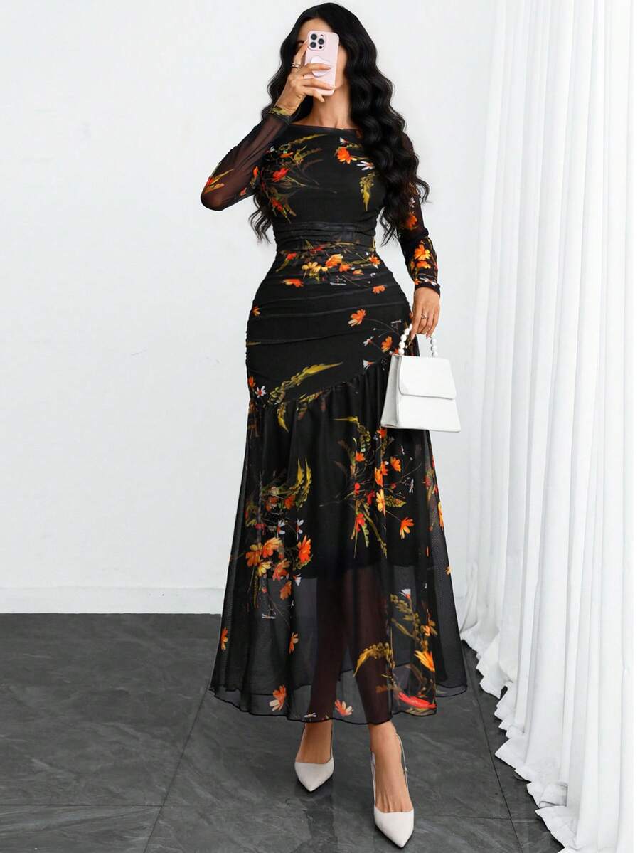Women's Gothic Sexy Elegant Modern Contrast Stripe Asymmetrical Ruffle Waist Double-Layer Mesh Long Sleeve Dress, Suitable For Dates, Vacations And Daily Commute Spring