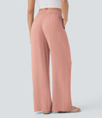 Women Summer High Waisted Drawstring Pocket Wide Leg Casual Linen-Feel Pants