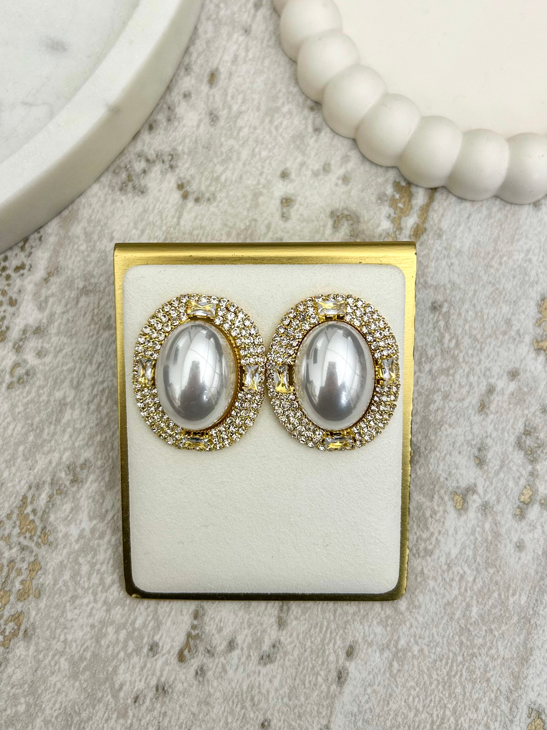 Oval Pearl Diamante Trim Stud Earrings (2 Colours)