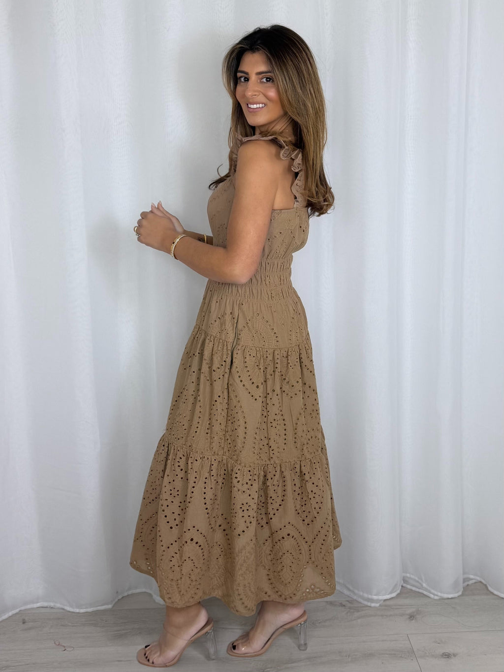 Taupe Laser Cut Out Frill Strap Midi Dress