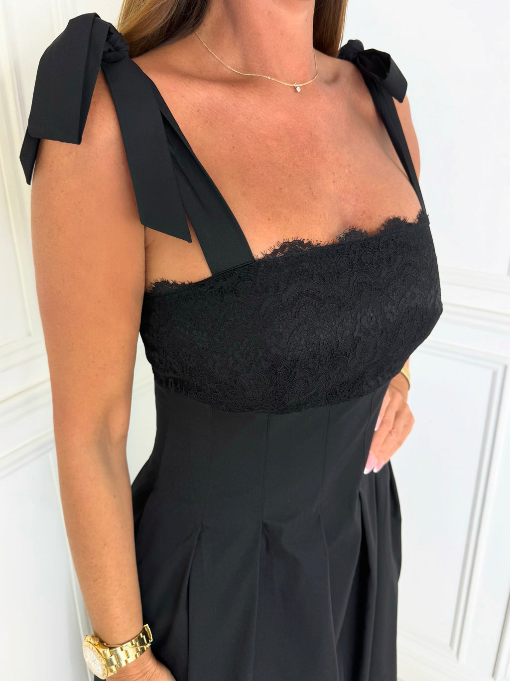 Riviera - Lace Tie-Shoulder Midi Dress (Black)