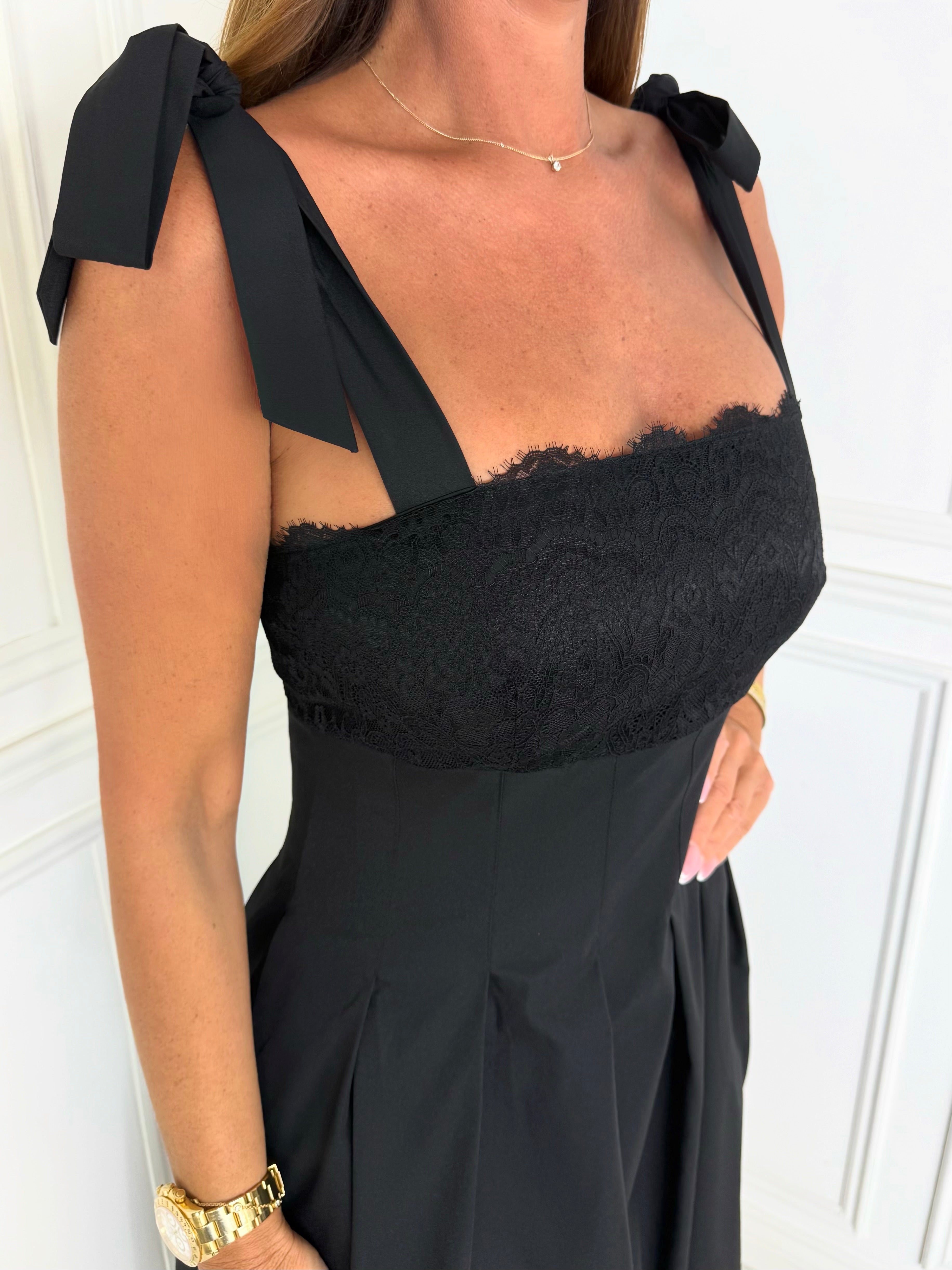 Riviera - Lace Tie-Shoulder Midi Dress (Black)