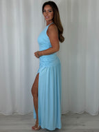 Round Neck Ruched Gold Buckle Side Split Maxi Dress (6 Colours)
