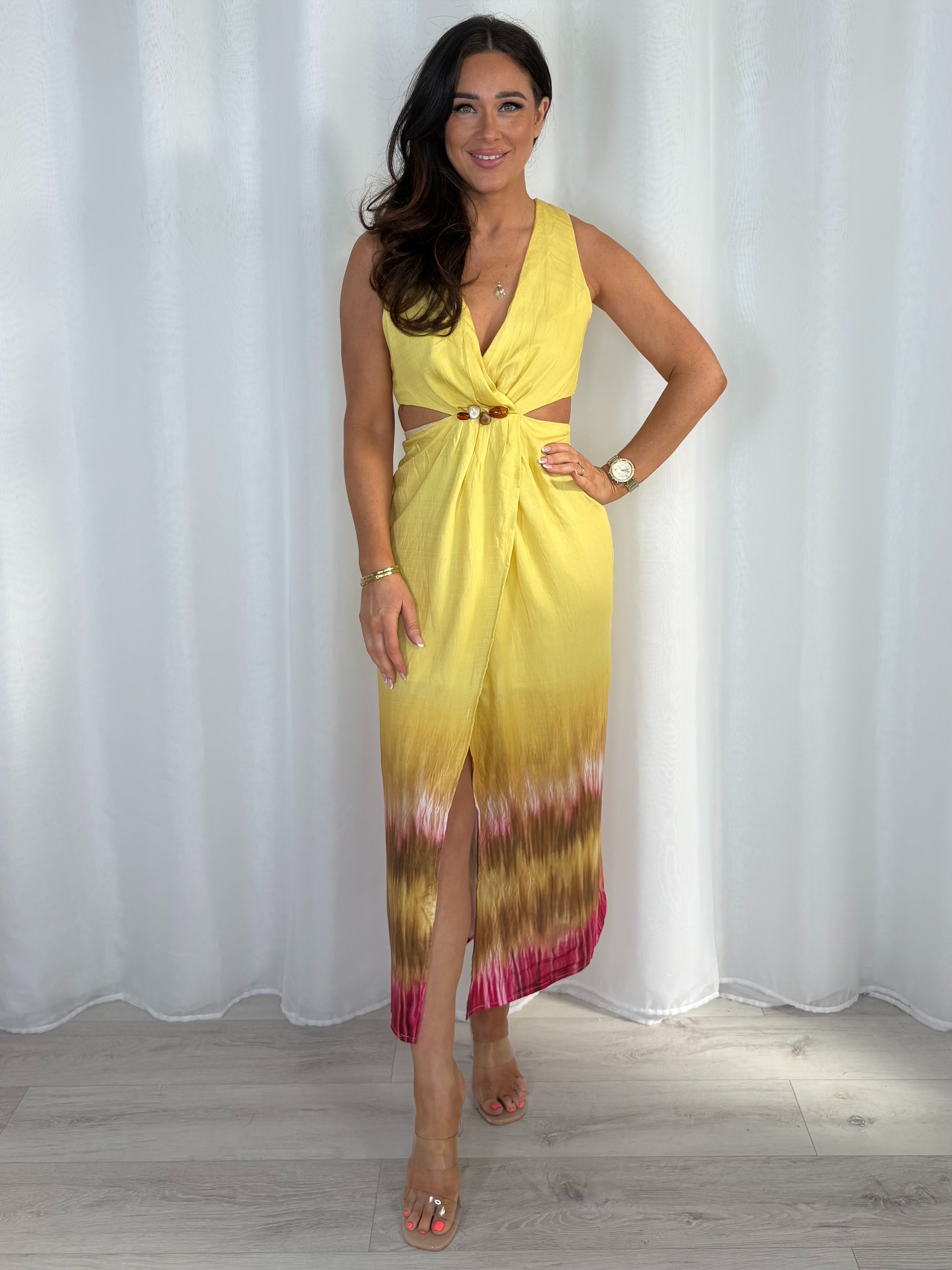 Cut Out Stone Detail Front Split Dress (3 Colours)
