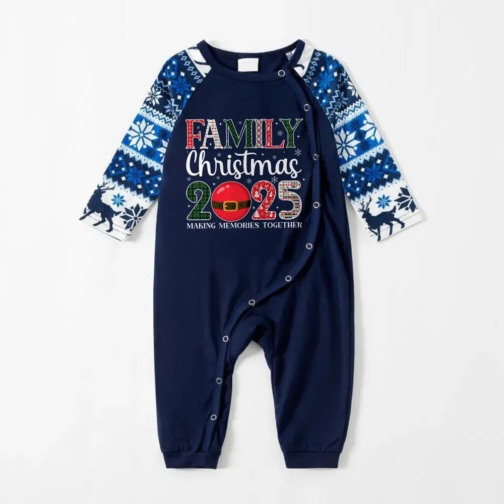 Joyful Blue Christmas Pajamas Set  With "Family Christmas 2025" Holiday Quotes