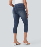 FlexTM High-Waisted Denim Casual Capri Leggings with Pockets