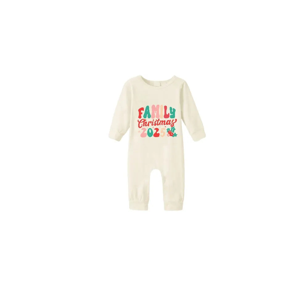 Beige Christmas Pattern Print Christmas Pajamas Set With Colorful "Family Christmas 2025" Text Print
