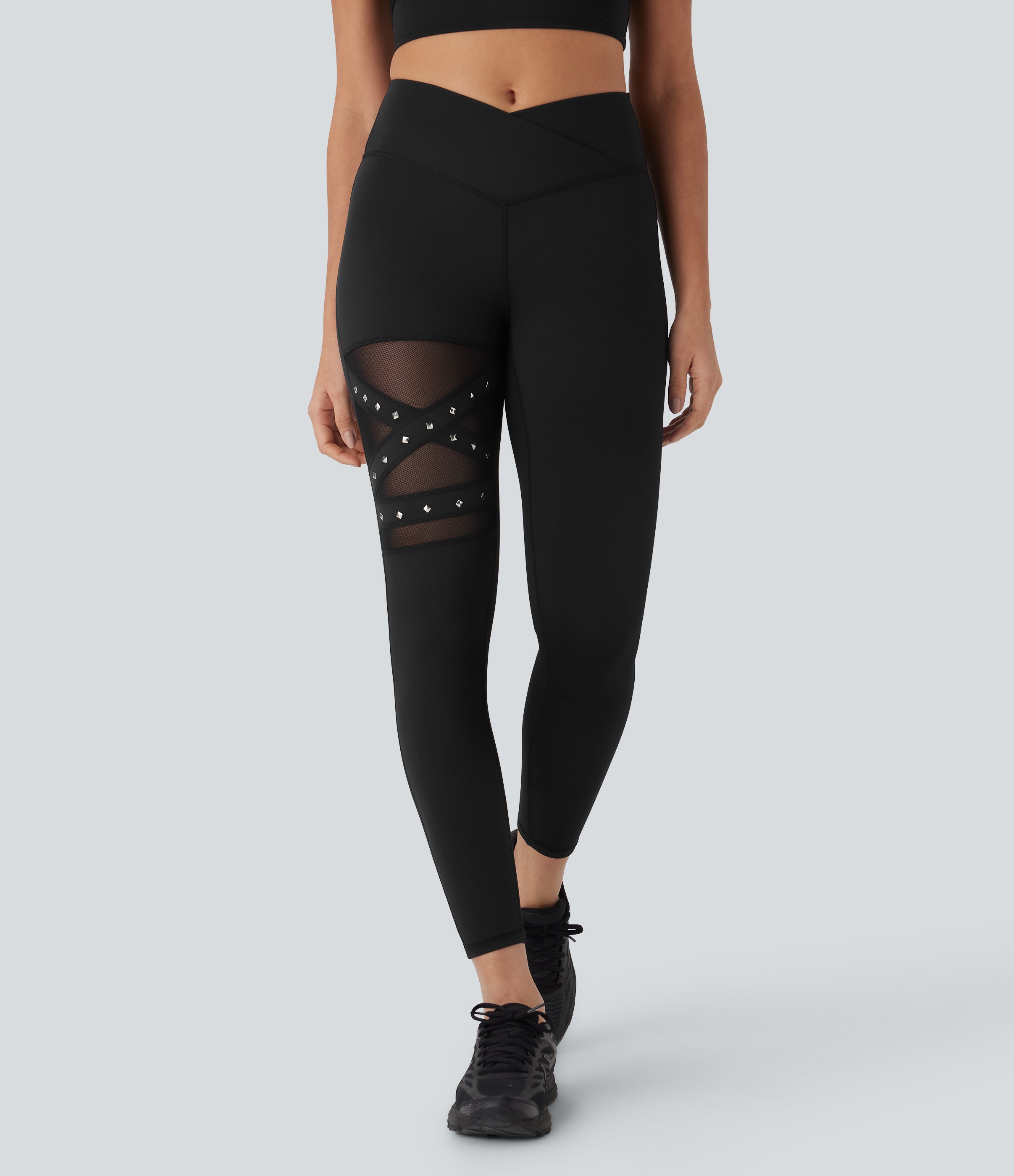 High Waisted Crossover Contrast Mesh Studded Yoga Leggings with Pocket
