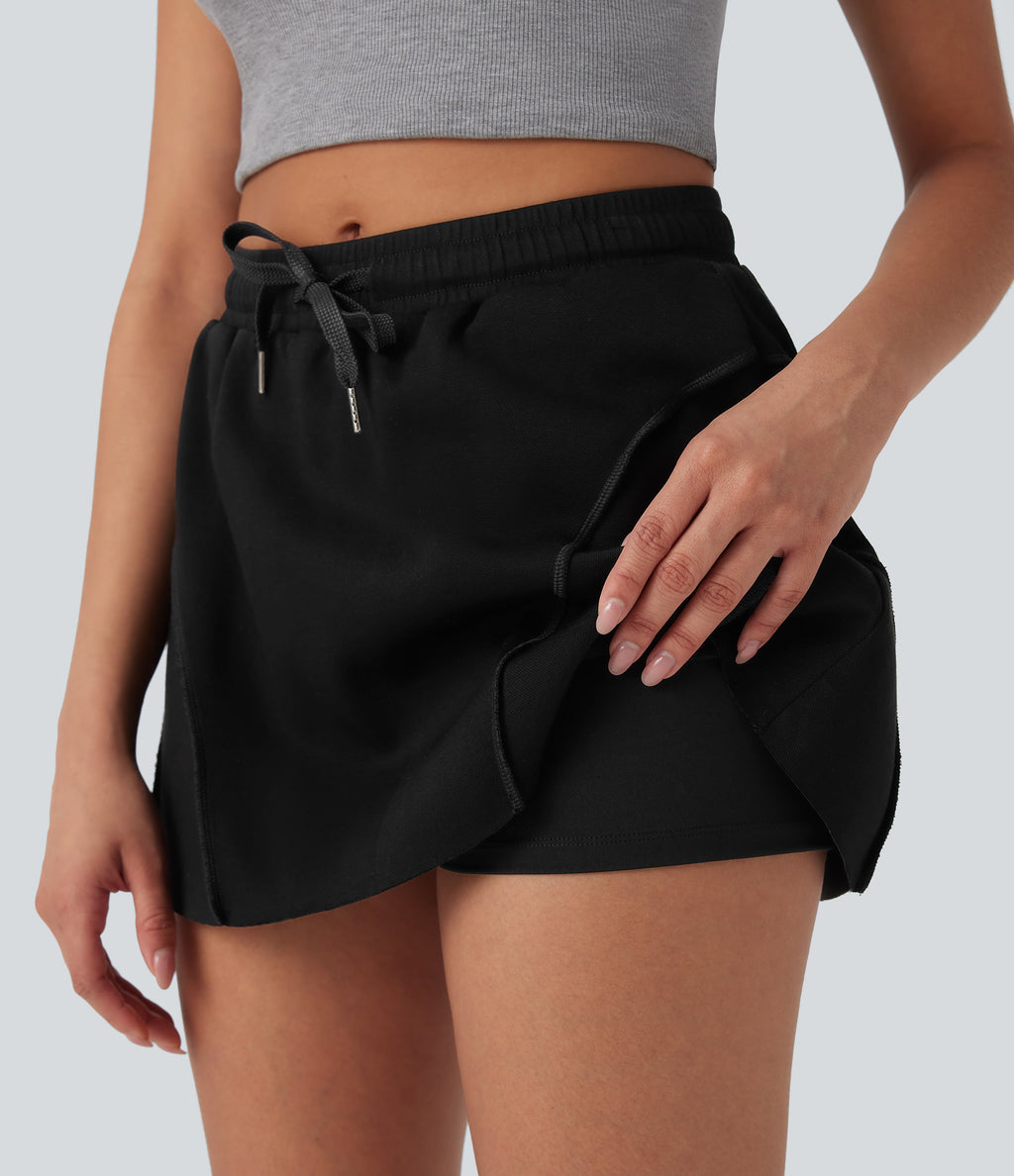 Mid Rise Drawstring 2-in-1 Micro Mini Casual Skirt with Pockets
