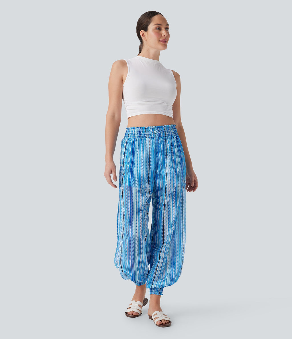 High Waisted Shirred 2-in-1 Stripe Casual Joggers with Pockets