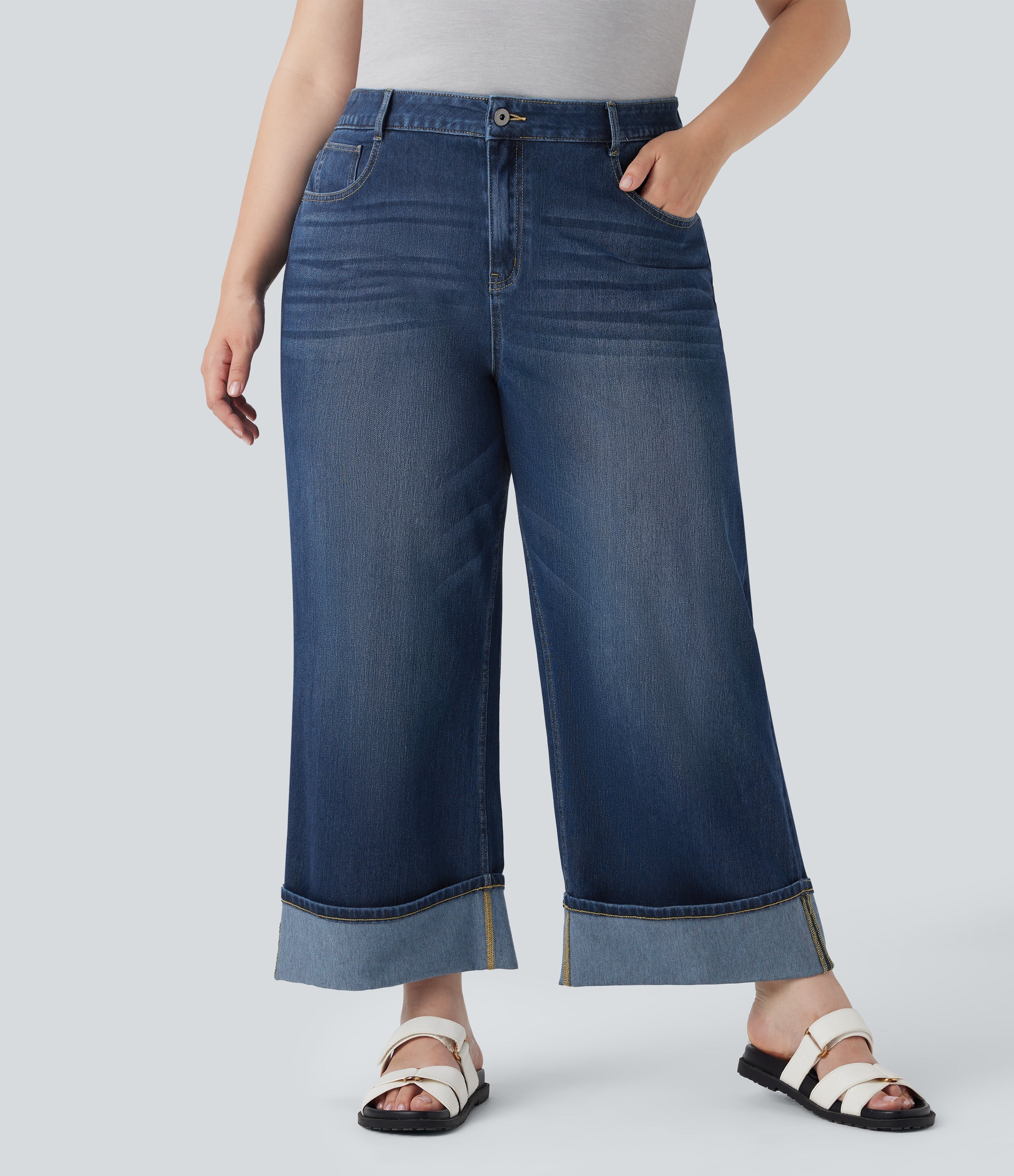 Plus Size FlexTM High Waisted Wide Leg Rolled Hem Washed Stretchy Knit Casual Jeans with Pockets