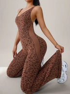 Women's Leopard Print Yoga Jumpsuit, Cross Strap Design, Long Sleeve Slim Fit, Casual Fashion for All Seasons, Comfortable Wear at Home