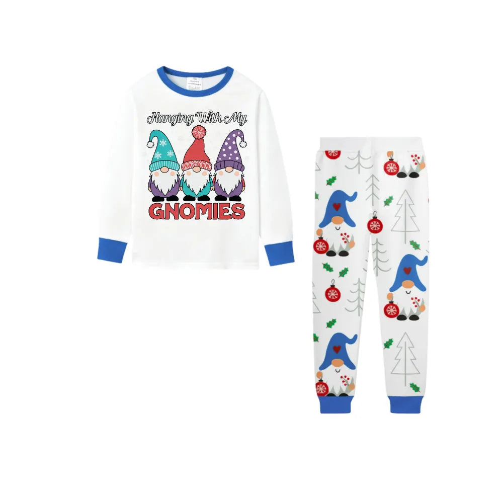 Family Holiday Christmas Blue Sleepwear Set with Christmas Gnome Print