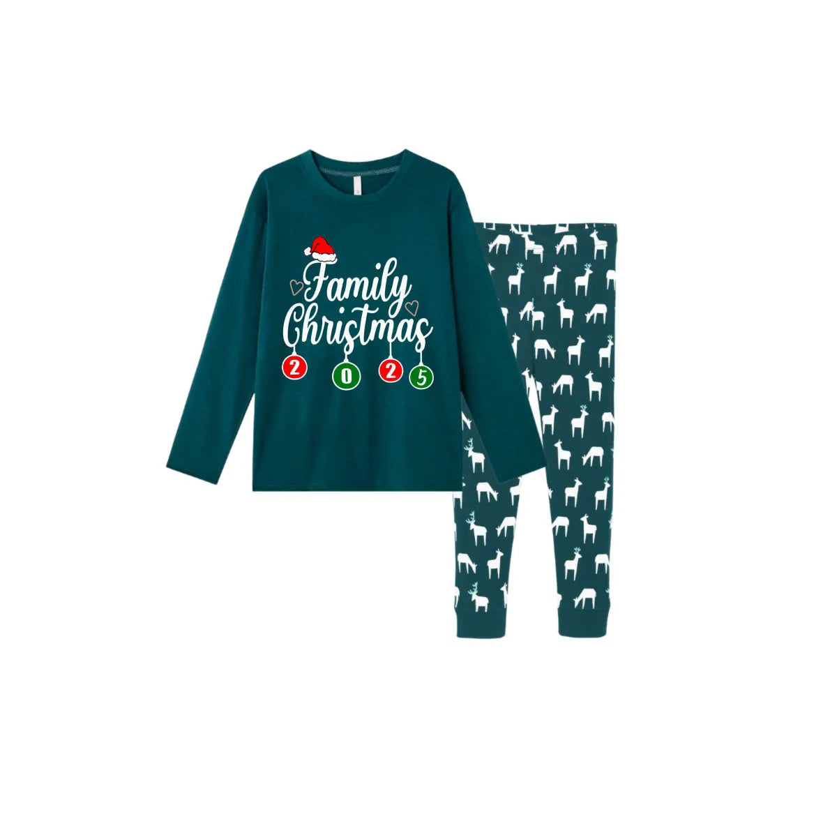 Christmas Family Matching Pajamas-Dark Green&Deer Patterned Pjs Set with "Family Christmas 2025" Slogan Print