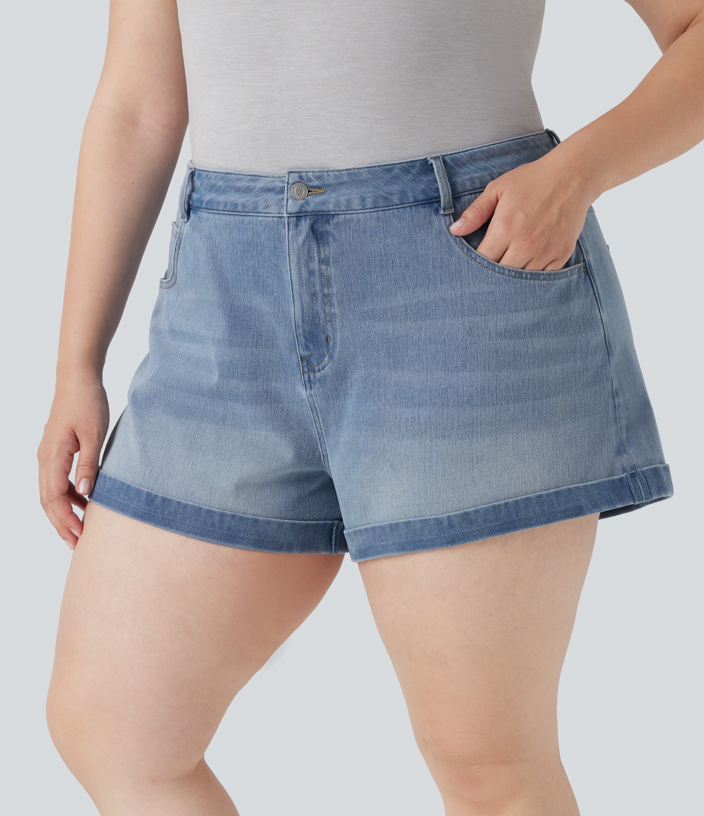 FlexTM Mid Rise Zipper Pockets Denim Casual Plus Size Shorts 3''