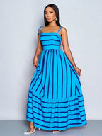 Women's Blue And White Stripe Flowing Maxi Dress,Summer Elegant Holiday Tea Party Holiday,Shoulder Straps Chest Gathering,Beach Casual Gown