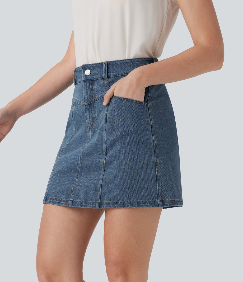 FlexTM Mid Rise A Line Stretchy Knit Denim Mini Casual Skirt with Pockets