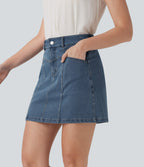 FlexTM Mid Rise A Line Stretchy Knit Denim Mini Casual Skirt with Pockets
