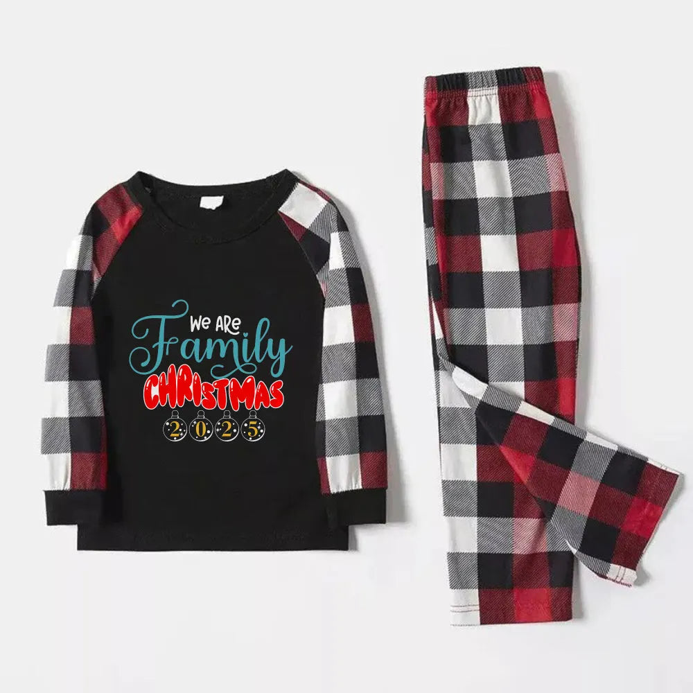 Christmas Family Matching Pajamas-Red and Gray Plaid Pjs set with "We Are Family Christmas" Print