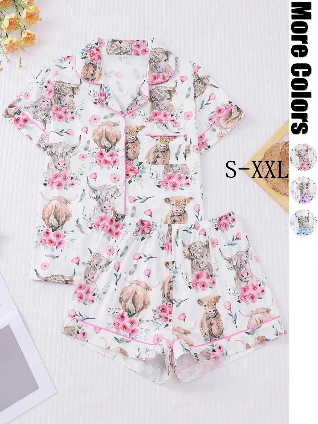 Women's All-Over Cow-Print Contrast-Trim Shirt & Elastic-Waist Shorts Pajama Loungewear Set
