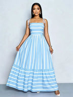 Women's Blue And White Stripe Flowing Maxi Dress,Summer Elegant Holiday Tea Party Holiday,Shoulder Straps Chest Gathering,Beach Casual Gown