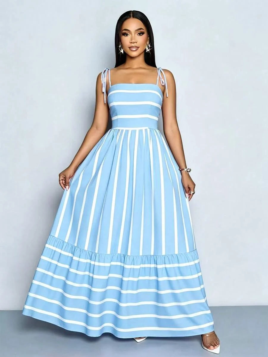 Women's Blue And White Stripe Flowing Maxi Dress,Summer Elegant Holiday Tea Party Holiday,Shoulder Straps Chest Gathering,Beach Casual Gown