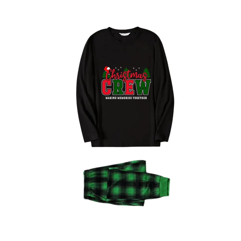 Christmas Family Matching Pajamas-Black Top and Green Plaid Pants Pjs Set with "Christmas Crew Making Memories Together " Slogan Print