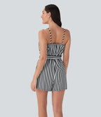 V-neck Snap Belted Stripe Waffle Jumpsuit with Pockets