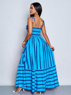 Women's Blue And White Stripe Flowing Maxi Dress,Summer Elegant Holiday Tea Party Holiday,Shoulder Straps Chest Gathering,Beach Casual Gown