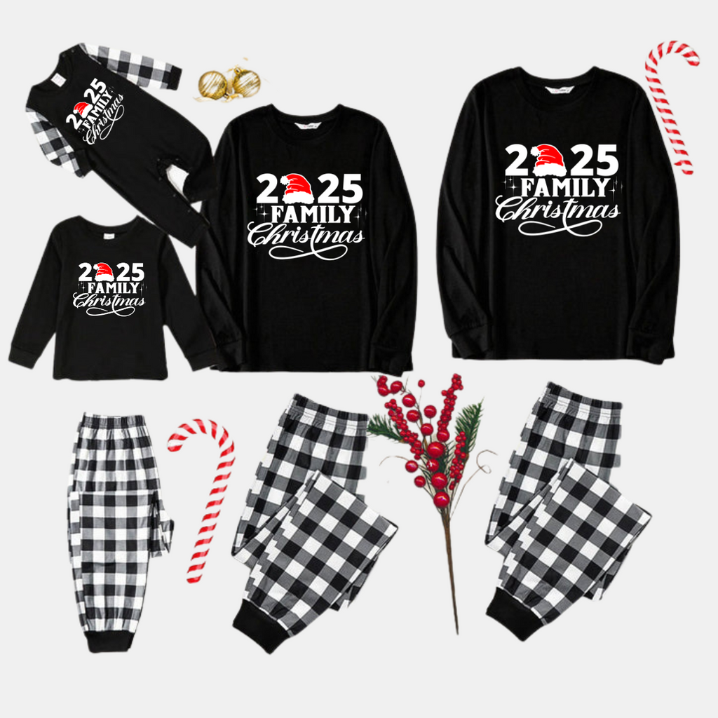 "2025 Family Christmas" Letter Print Black Long Sleeve Top with Black And White Plaid Pants Family Matching Pajamas