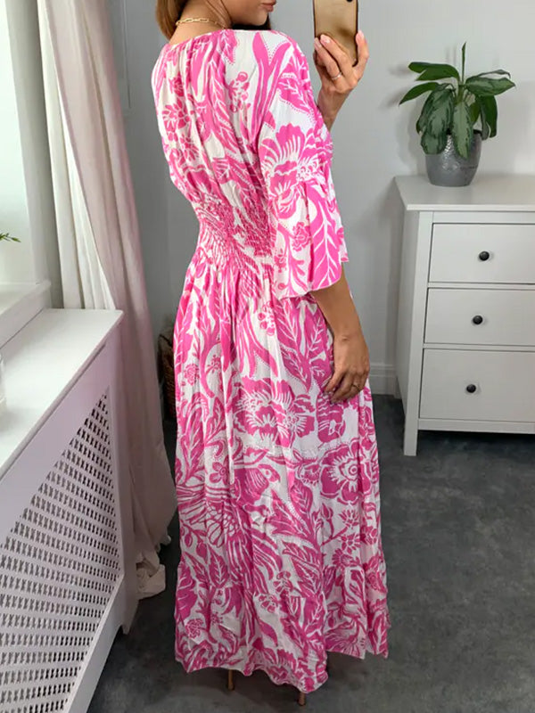 NEW🔥 V Neck Elastic Waist Printed Dress