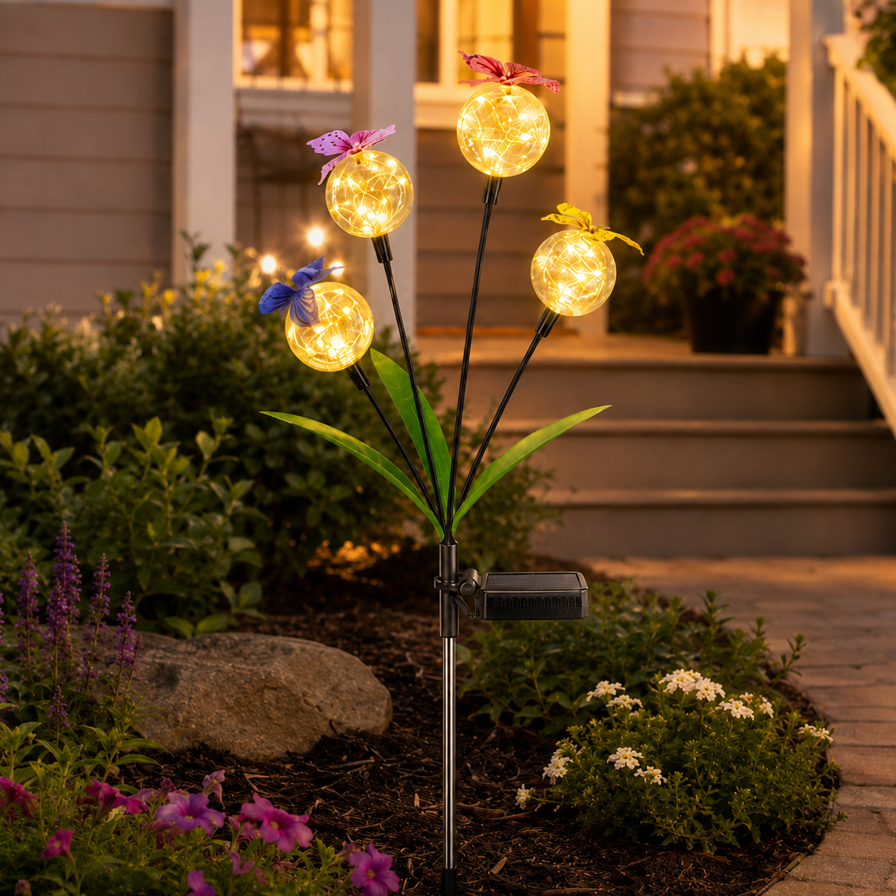 Solar Butterfly Garden Stake Light – 4 Glowing Crackle Globes