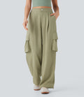 High Waisted Adjustable Drawstring Hem Linen-Feel Casual Cargo Pants with Pockets