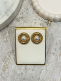 Gold Round Pearl Detail Stud Earrings