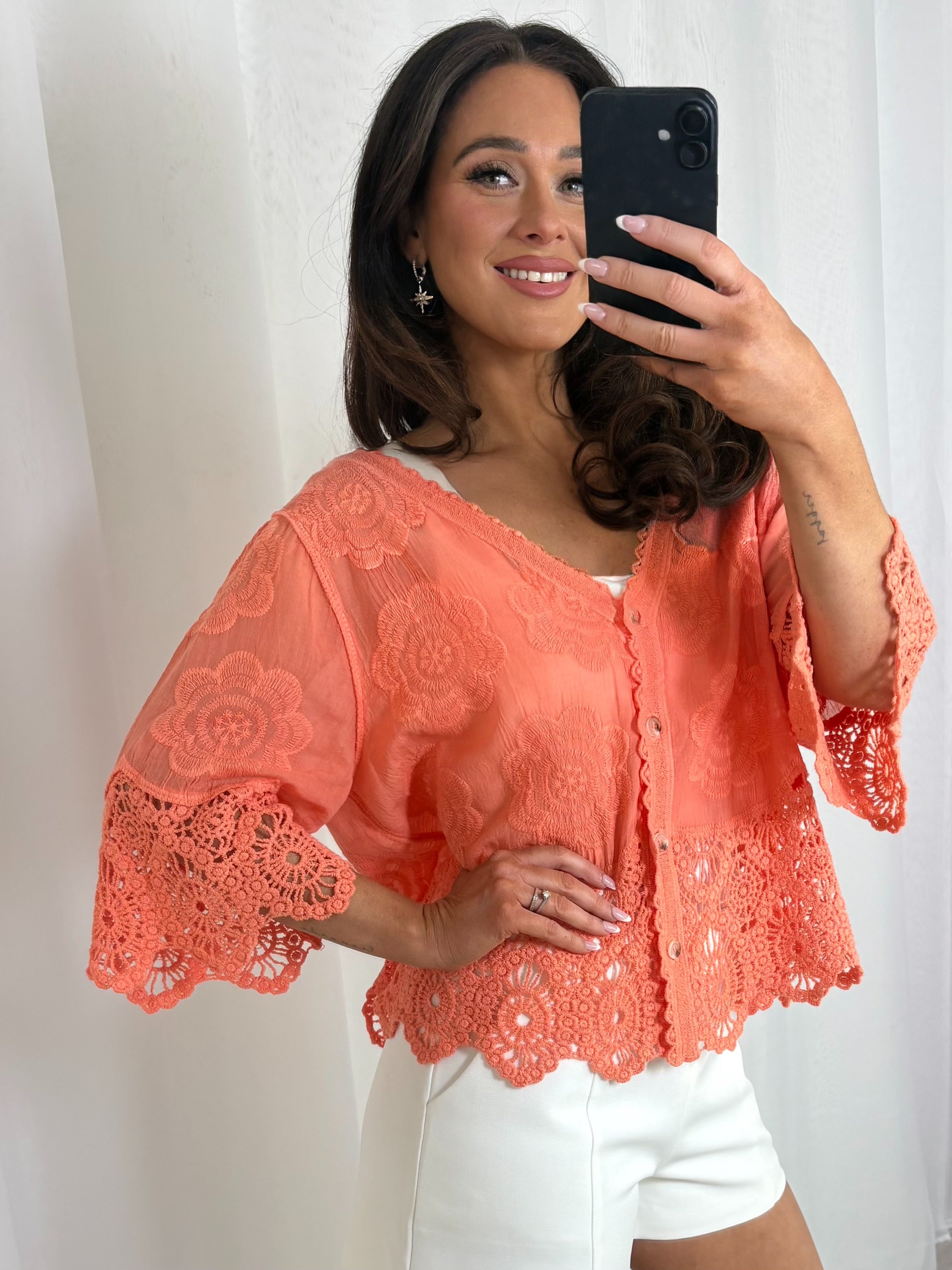 Button Up V-Neck Crochet Bell Sleeve & Crochet Top (2 Colours)