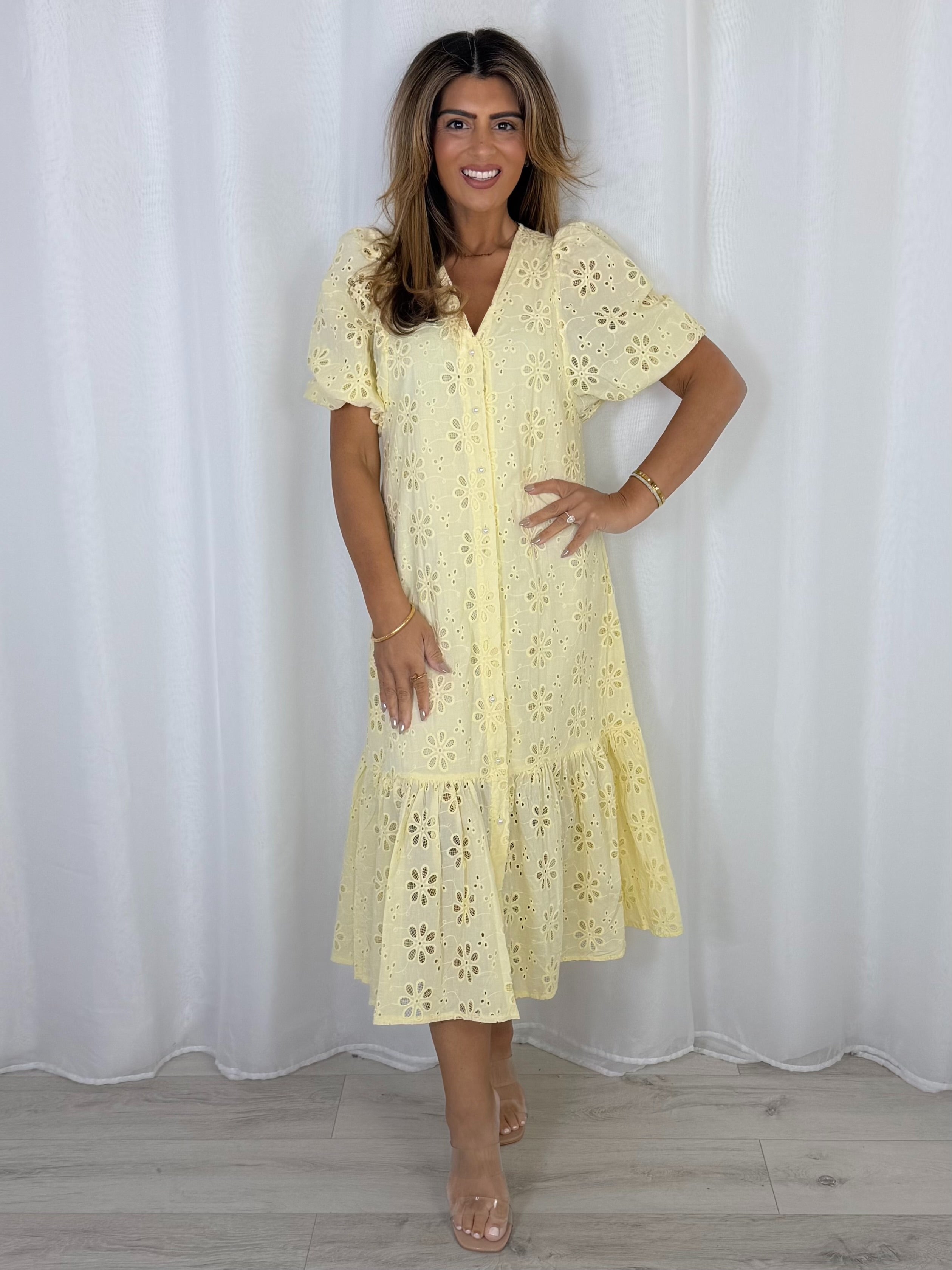 Pearl Button Embroidery Anglaise Maxi Dress (2 Colours)