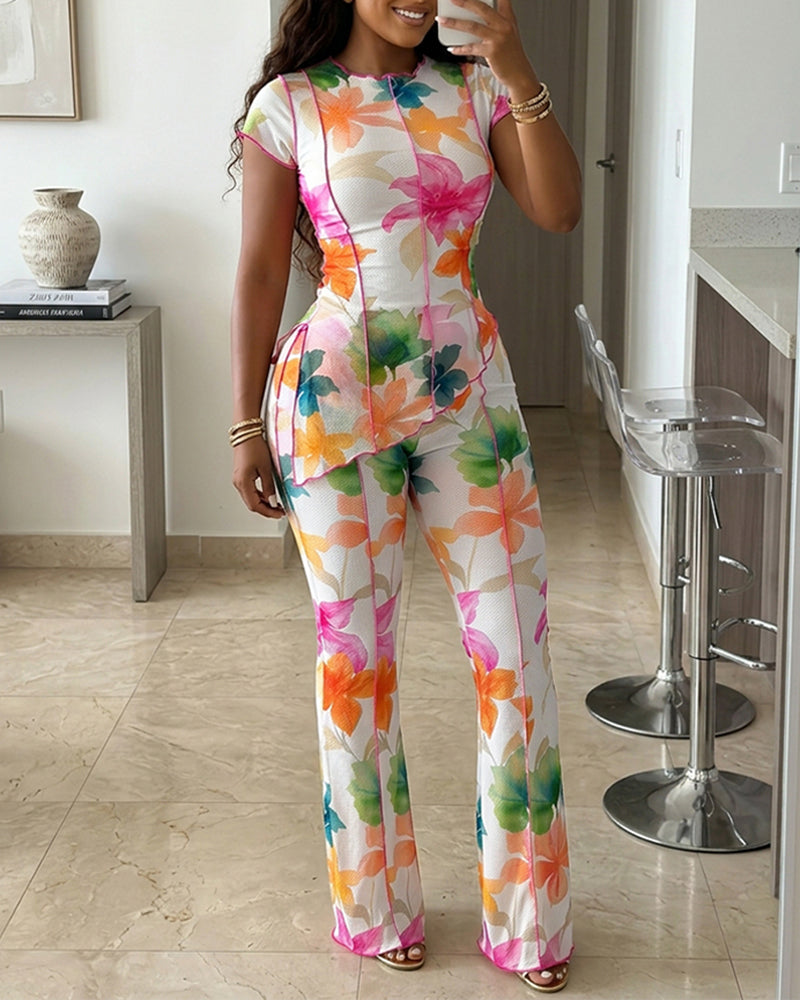 Women's 2 Piece Floral Mesh Set Asymmetric Slit Top and High Waist Flare Pants Set Lettuce Hem Sheer Party Clubwear
