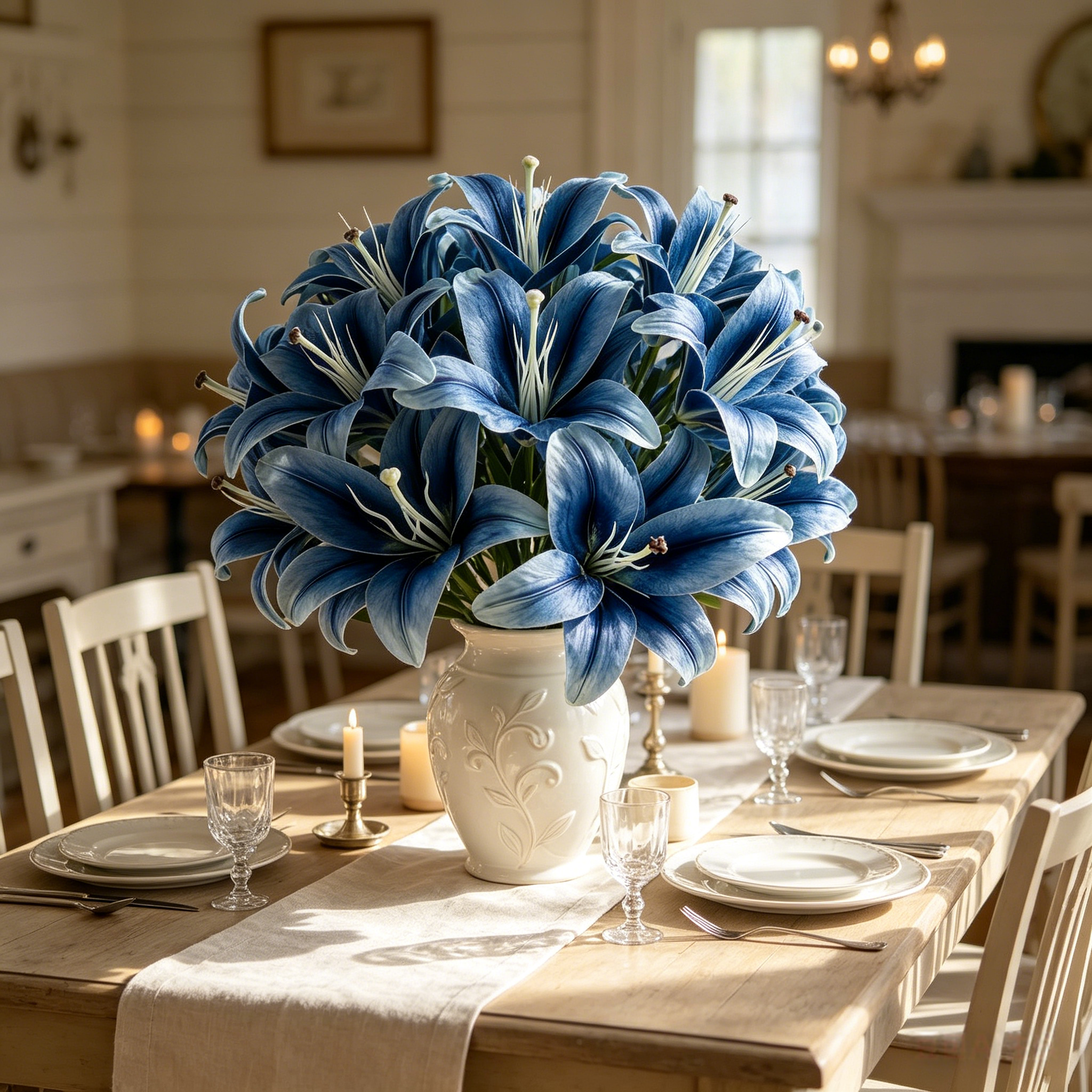 Blue Faux Lily Stems, Set of 2 – 6 Bloom Heads Decorative Floral Stems for Home Décor