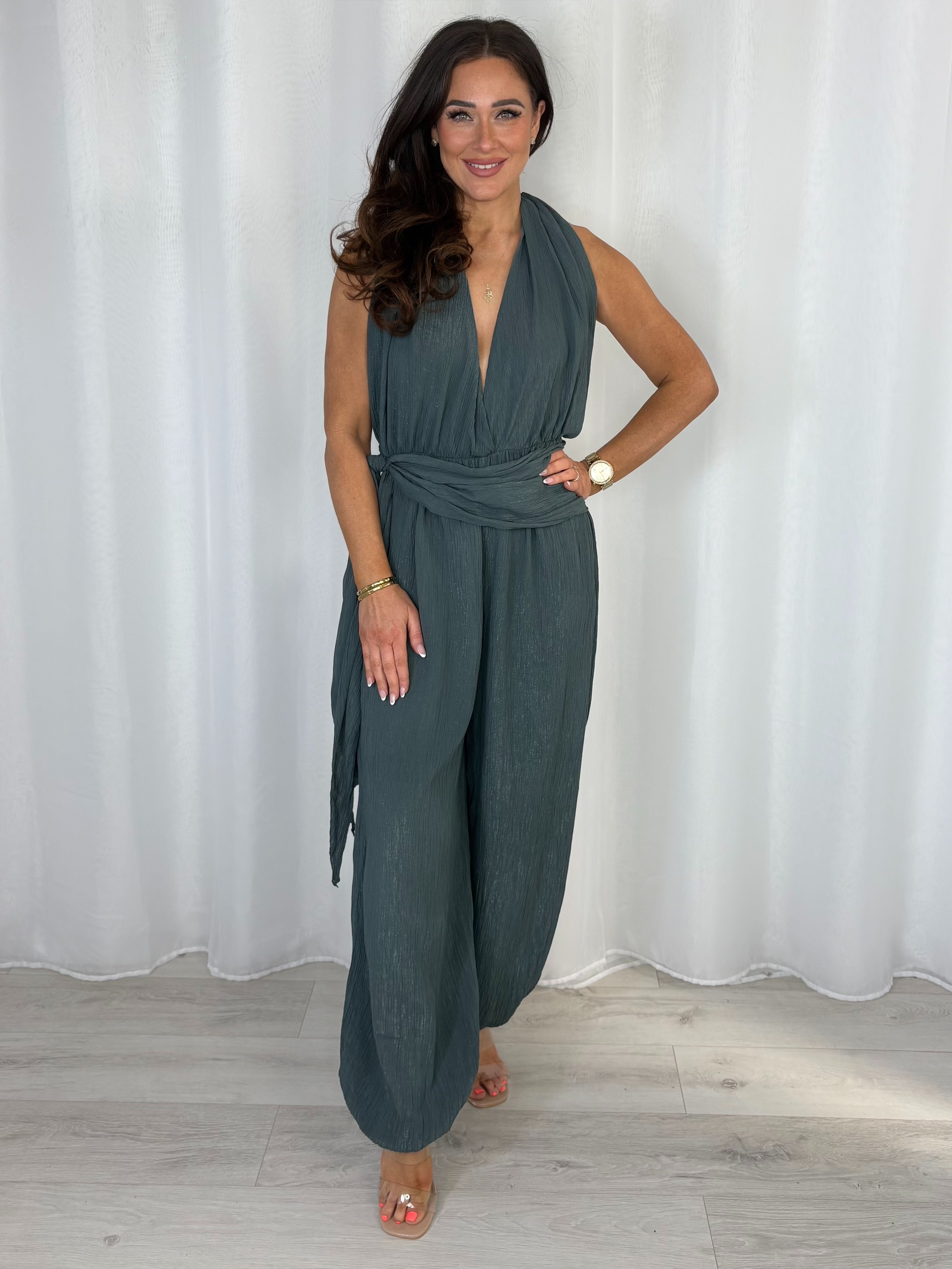 Crinkle Shimmer Halter Neck Drape Detail Backless Jumpsuit (7 Colours)