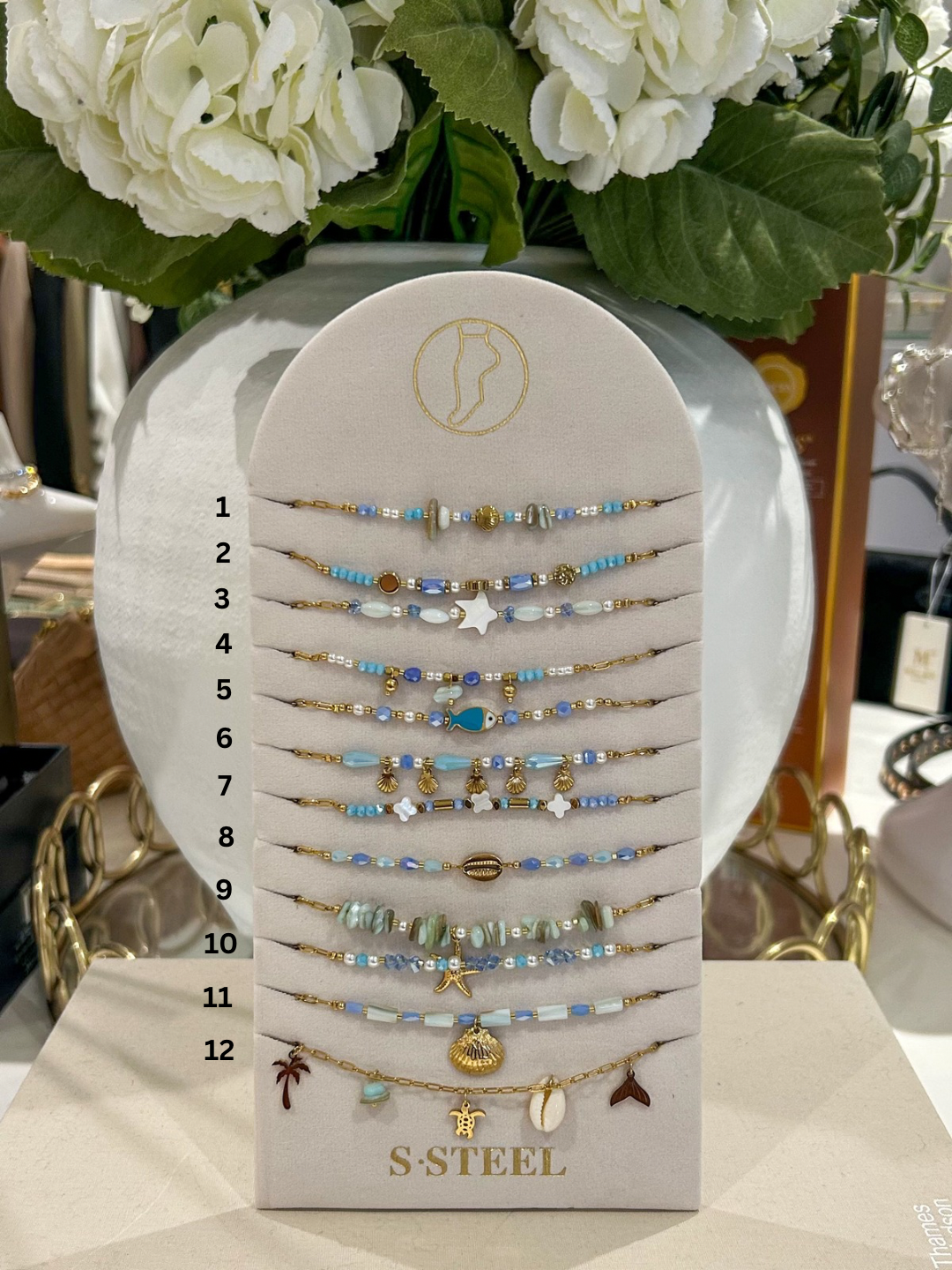 Gold Beaded Blue Anklets (12 Styles)
