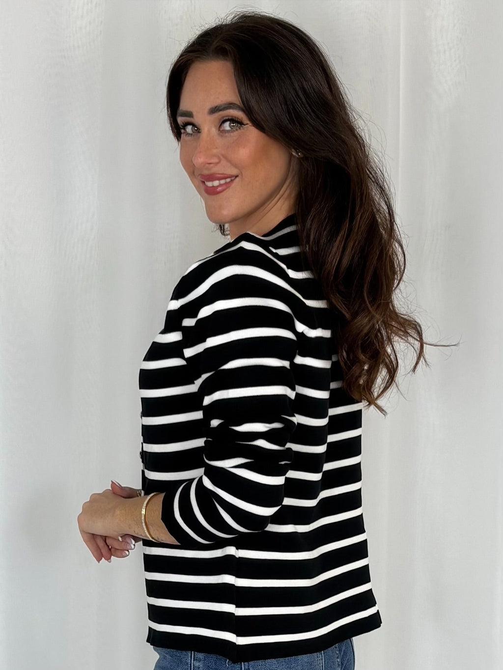 Striped Half Moon Shaped Gold Button Cardigan (3 Colours)